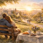 Ein Paar sitzt auf einer Bank, umarmt sich und beobachtet den Sonnenuntergang über der Stadt an einem friedlichen Sonnentag. Im Vordergrund ist ein Picknicktisch mit Gebäck, Kaffee und Blumen gedeckt, während Menschen einen von Bäumen und blühenden Blumen gesäumten Weg entlang spazieren.