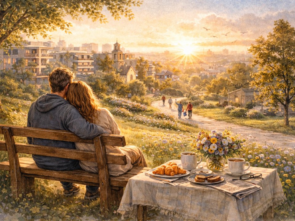Ein Paar sitzt auf einer Bank, umarmt sich und beobachtet den Sonnenuntergang über der Stadt an einem friedlichen Sonnentag. Im Vordergrund ist ein Picknicktisch mit Gebäck, Kaffee und Blumen gedeckt, während Menschen einen von Bäumen und blühenden Blumen gesäumten Weg entlang spazieren. Ein Paar sitzt auf einer Bank, umarmt sich und beobachtet den Sonnenuntergang über der Stadt an einem friedlichen Sonnentag. Im Vordergrund ist ein Picknicktisch mit Gebäck, Kaffee und Blumen gedeckt, während Menschen einen von Bäumen und blühenden Blumen gesäumten Weg entlang spazieren.