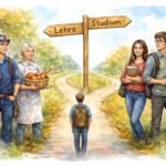 Ein Student steht an einer Weggabelung mit einem Schild mit der Aufschrift Lehre und Studium, das die Statusfrage symbolisiert: Entscheiden Sie sich für die Ausbildung mit Arbeitern, die Werkzeuge und Brot in der Hand halten, oder für das akademische Leben mit Studenten, die Bücher und einen Laptop tragen. Im Hintergrund ist eine Schule zu sehen.