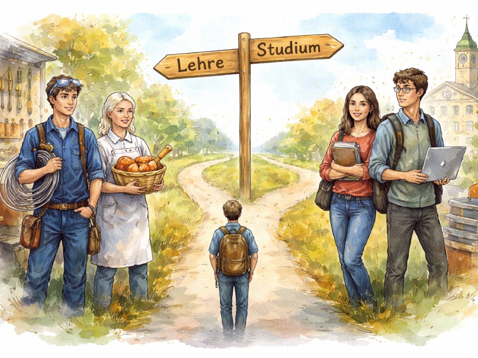 Ein Student steht an einer Weggabelung mit einem Schild mit der Aufschrift Lehre und Studium, das die Statusfrage symbolisiert: Entscheiden Sie sich für die Ausbildung mit Arbeitern, die Werkzeuge und Brot in der Hand halten, oder für das akademische Leben mit Studenten, die Bücher und einen Laptop tragen. Im Hintergrund ist eine Schule zu sehen. Ein Student steht an einer Weggabelung mit einem Schild mit der Aufschrift Lehre und Studium, das die Statusfrage symbolisiert: Entscheiden Sie sich für die Ausbildung mit Arbeitern, die Werkzeuge und Brot in der Hand halten, oder für das akademische Leben mit Studenten, die Bücher und einen Laptop tragen. Im Hintergrund ist eine Schule zu sehen.