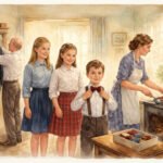 Eine Illustration im Vintage-Stil zeigt eine Familie in einer Küche. Eine Frau kocht am Ofen und bereitet Braten zu, während drei Kinder in der Nähe stehen - zwei Mädchen und ein Junge, der seine Fliege zurechtrückt - und ein älterer Mann einen Mantel aufhängt. Die Szene wirkt warm und wohltuend.