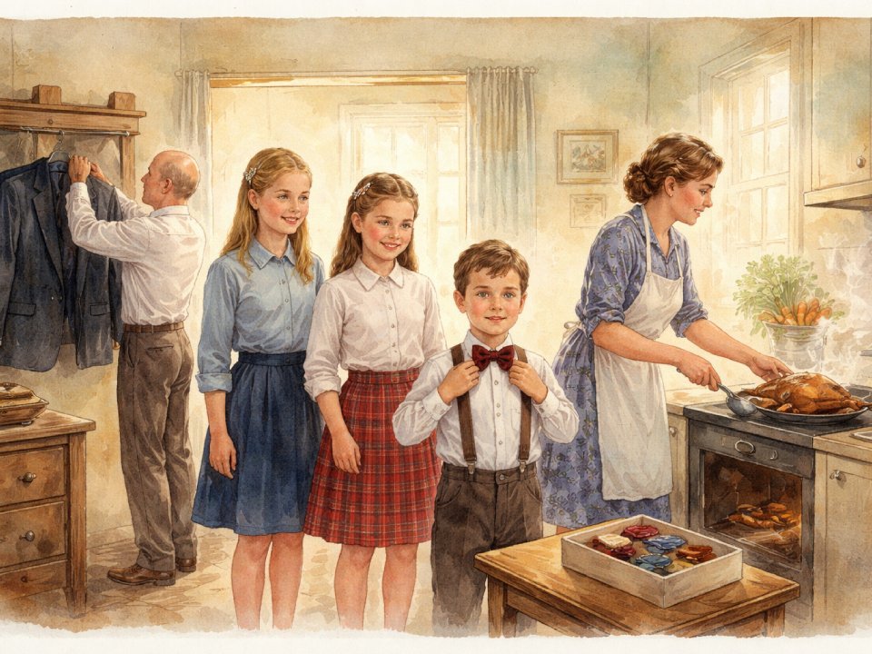 Eine Illustration im Vintage-Stil zeigt eine Familie in einer Küche. Eine Frau kocht am Ofen und bereitet Braten zu, während drei Kinder in der Nähe stehen – zwei Mädchen und ein Junge, der seine Fliege zurechtrückt – und ein älterer Mann einen Mantel aufhängt. Die Szene wirkt warm und wohltuend. Eine Illustration im Vintage-Stil zeigt eine Familie in einer Küche. Eine Frau kocht am Ofen und bereitet Braten zu, während drei Kinder in der Nähe stehen - zwei Mädchen und ein Junge, der seine Fliege zurechtrückt - und ein älterer Mann einen Mantel aufhängt. Die Szene wirkt warm und wohltuend.