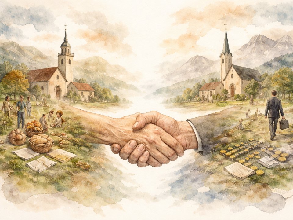 In der Mitte schütteln sich zwei Hände, die zwei ländliche Dörfer mit Kirchen und Bergen verbinden, während die Menschen mit Lebensmitteln, Münzen und Dokumenten Handel treiben – ein Symbol für friedliche Zusammenarbeit, die in anthropologischen Grundmustern und gegenseitiger Fürsorge wurzelt. In der Mitte schütteln sich zwei Hände, die zwei ländliche Dörfer mit Kirchen und Bergen verbinden, während die Menschen mit Lebensmitteln, Münzen und Dokumenten Handel treiben - ein Symbol für friedliche Zusammenarbeit, die in anthropologischen Grundmustern und gegenseitiger Fürsorge wurzelt.