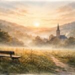 Eine Holzbank steht vor einem gewundenen Feldweg, der zu einem entfernten Dorf mit einem Kirchturm führt, wo das sanfte goldene Licht des Sonnenaufgangs den Ruf Gottes inmitten von nebelverhangenen Hügeln und Bäumen andeutet und die friedliche Szene erhellt.