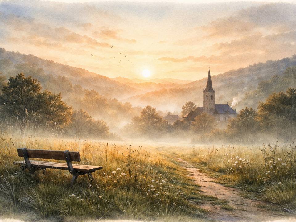 Eine Holzbank steht vor einem gewundenen Feldweg, der zu einem entfernten Dorf mit einem Kirchturm führt, wo das sanfte goldene Licht des Sonnenaufgangs den Ruf Gottes inmitten von nebelverhangenen Hügeln und Bäumen andeutet und die friedliche Szene erhellt. Eine Holzbank steht vor einem gewundenen Feldweg, der zu einem entfernten Dorf mit einem Kirchturm führt, wo das sanfte goldene Licht des Sonnenaufgangs den Ruf Gottes inmitten von nebelverhangenen Hügeln und Bäumen andeutet und die friedliche Szene erhellt.
