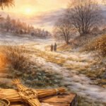 Eine brennende Kerze und ein geflochtenes Strohkreuz, Symbole von Imbolc, stehen auf einem Holztisch neben einem verschneiten Weg. Zwei Menschen gehen bei Sonnenuntergang auf ein entferntes Dorf zu, in dessen Nähe kahle Bäume und hängende Wäsche den Geist von Neubeginn widerspiegeln.