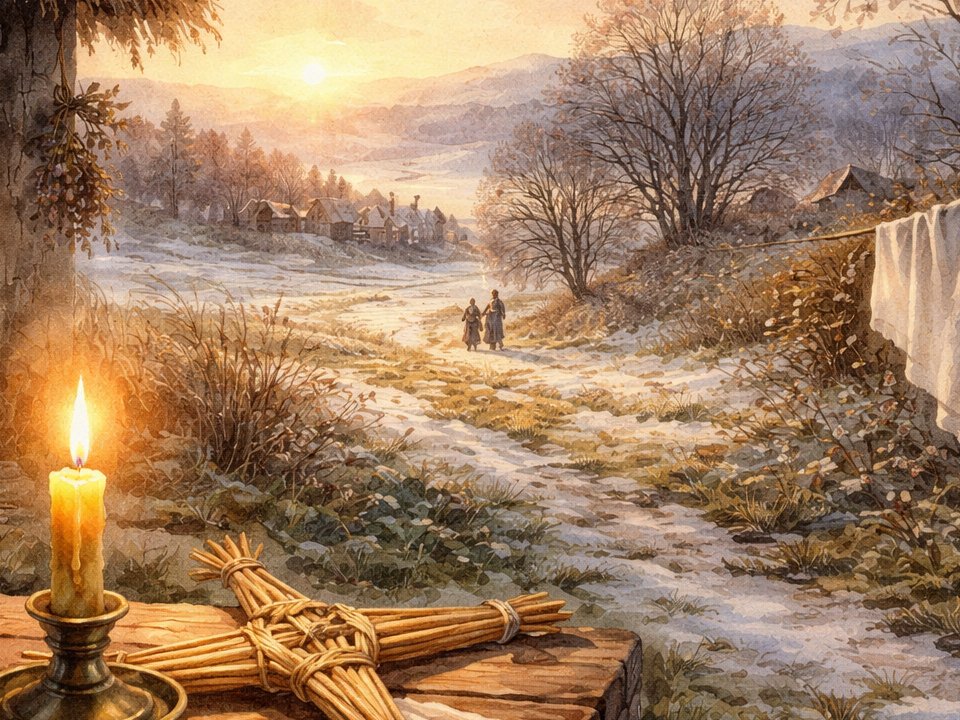 Eine brennende Kerze und ein geflochtenes Strohkreuz, Symbole von Imbolc, stehen auf einem Holztisch neben einem verschneiten Weg. Zwei Menschen gehen bei Sonnenuntergang auf ein entferntes Dorf zu, in dessen Nähe kahle Bäume und hängende Wäsche den Geist von Neubeginn widerspiegeln. Eine brennende Kerze und ein geflochtenes Strohkreuz, Symbole von Imbolc, stehen auf einem Holztisch neben einem verschneiten Weg. Zwei Menschen gehen bei Sonnenuntergang auf ein entferntes Dorf zu, in dessen Nähe kahle Bäume und hängende Wäsche den Geist von Neubeginn widerspiegeln.