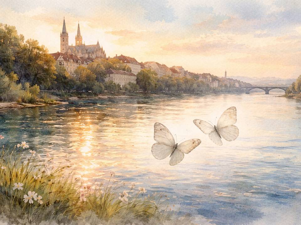 Eine heitere Flussszene bei Sonnenuntergang zeigt Schmetterlinge, die in der Nähe des Wassers fliegen, mit Wildblumen im Vordergrund und der friedlichen Stadt Zwei am Rhein, ihrer Kirche auf der linken Seite und einer entfernten Brücke unter einem glühenden Himmel. Eine heitere Flussszene bei Sonnenuntergang zeigt Schmetterlinge, die in der Nähe des Wassers fliegen, mit Wildblumen im Vordergrund und der friedlichen Stadt Zwei am Rhein, ihrer Kirche auf der linken Seite und einer entfernten Brücke unter einem glühenden Himmel.