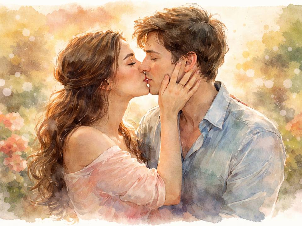Die Kunst des Küssens Ein Gemälde im Aquarellstil, das ein junges Paar zeigt, das sich im Freien küsst und die Kunst des Küssens einfängt. Die Frau hält zärtlich das Gesicht des Mannes, beide mit sanftem Gesichtsausdruck, umgeben von einem verträumten, farbigen Hintergrund, der Nähe ausstrahlt.