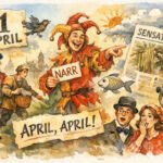Eine farbenfrohe Illustration zeigt einen Narren mit NARR- und April, April!-Zeichen, überraschte Menschen, ein Funkmikrofon, einen Fisch und eine Zeitung - alles klassische Aprilscherze und April-Traditionen.