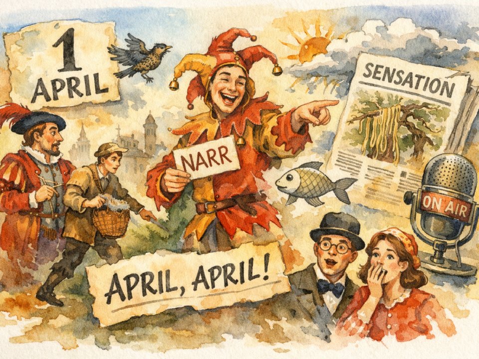 Eine farbenfrohe Illustration zeigt einen Narren mit NARR- und April, April!-Zeichen, überraschte Menschen, ein Funkmikrofon, einen Fisch und eine Zeitung – alles klassische Aprilscherze und April-Traditionen. Eine farbenfrohe Illustration zeigt einen Narren mit NARR- und April, April!-Zeichen, überraschte Menschen, ein Funkmikrofon, einen Fisch und eine Zeitung - alles klassische Aprilscherze und April-Traditionen.