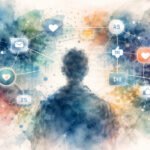 Die Silhouette einer Person steht vor einem farbenfrohen, abstrakten Hintergrund mit schwebenden Social-Media-Symbolen, die durch Linien miteinander verbunden sind, um darzustellen, wie Algorithmen und unsichtbare Redaktoren unsere digitale Konnektivität und Online-Interaktion im Stillen prägen.