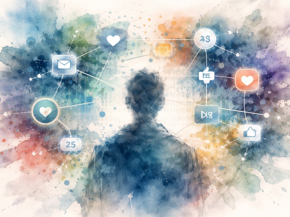 Die Silhouette einer Person steht vor einem farbenfrohen, abstrakten Hintergrund mit schwebenden Social-Media-Symbolen, die durch Linien miteinander verbunden sind, um darzustellen, wie Algorithmen und unsichtbare Redaktoren unsere digitale Konnektivität und Online-Interaktion im Stillen prägen. Die Silhouette einer Person steht vor einem farbenfrohen, abstrakten Hintergrund mit schwebenden Social-Media-Symbolen, die durch Linien miteinander verbunden sind, um darzustellen, wie Algorithmen und unsichtbare Redaktoren unsere digitale Konnektivität und Online-Interaktion im Stillen prägen.