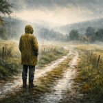 Eine Person, die einen Regenmantel mit Kapuze trägt, steht auf einem schlammigen Weg in einer regnerischen, ländlichen Landschaft, während der Regen sanft vom wolkenverhangenen Himmel über grasbewachsene Felder, Bäume und ferne neblige Hügel fällt.