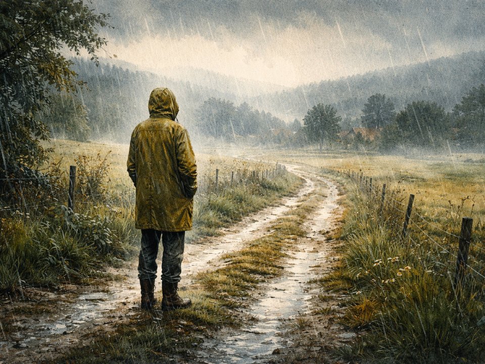 Eine Person, die einen Regenmantel mit Kapuze trägt, steht auf einem schlammigen Weg in einer regnerischen, ländlichen Landschaft, während der Regen sanft vom wolkenverhangenen Himmel über grasbewachsene Felder, Bäume und ferne neblige Hügel fällt. Eine Person, die einen Regenmantel mit Kapuze trägt, steht auf einem schlammigen Weg in einer regnerischen, ländlichen Landschaft, während der Regen sanft vom wolkenverhangenen Himmel über grasbewachsene Felder, Bäume und ferne neblige Hügel fällt.
