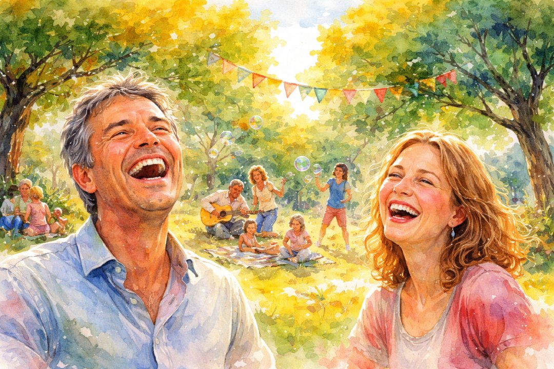 Ein Bild im Aquarellstil von zwei Erwachsenen, die im Freien lachen, während Familien und Kinder bei einem sonnigen, festlichen Picknick, umgeben von Bäumen und Wimpeln, im Hintergrund spielen, Seifenblasen blasen und Gitarre spielen.