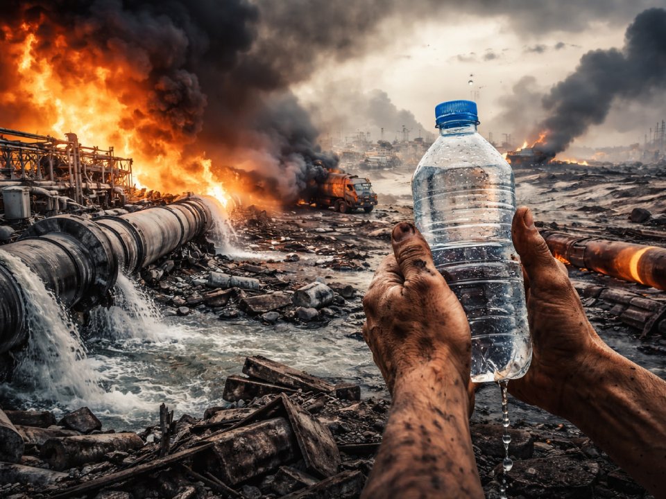 Ein Paar schmutziger Hände hält eine Plastikwasserflasche - Wasser als Notwendigkeit und Waffe zugleich - vor einer brennenden Industrielandschaft, in der Feuer, Rauch und verschmutztes Wasser aus Rohren strömen.