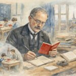 Ein Lehrer mit Brille schreibt an seinem Pult in ein rotes Buch, umgeben von offenen Büchern. Im Hintergrund sitzen Kinder in einem Klassenzimmer, in dem an der Tafel Rechenaufgaben stehen, eine Szene, die an die Dorfschulzimmer von Justus Stöcklin erinnert.