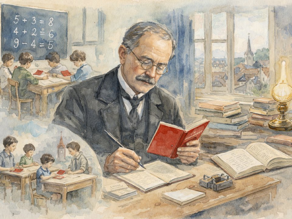 Ein Lehrer mit Brille schreibt an seinem Pult in ein rotes Buch, umgeben von offenen Büchern. Im Hintergrund sitzen Kinder in einem Klassenzimmer, in dem an der Tafel Rechenaufgaben stehen, eine Szene, die an die Dorfschulzimmer von Justus Stöcklin erinnert. Ein Lehrer mit Brille schreibt an seinem Pult in ein rotes Buch, umgeben von offenen Büchern. Im Hintergrund sitzen Kinder in einem Klassenzimmer, in dem an der Tafel Rechenaufgaben stehen, eine Szene, die an die Dorfschulzimmer von Justus Stöcklin erinnert.