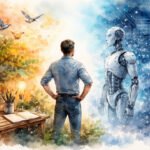 Ein Mann steht vor einem humanoiden KI-Mann-Roboter. Auf der linken Seite ist eine Naturszene mit Bäumen, Vögeln und einem Künstlerschreibtisch mit Büchern und einer Glühbirne zu sehen. Auf der rechten Seite stellen digitale Elemente und Schaltkreise die Technik dar.