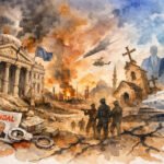 Aquarell einer chaotischen Szene mit brennenden Gebäuden, Soldaten, Rauch, Polizeiband, einer beschädigten Kirche, einer Jacht, einer Skandalzeitung, Handschellen, Geld und schattenhaften Gestalten - ein Abbild des Machtbebens und der Krise unserer Zeit.