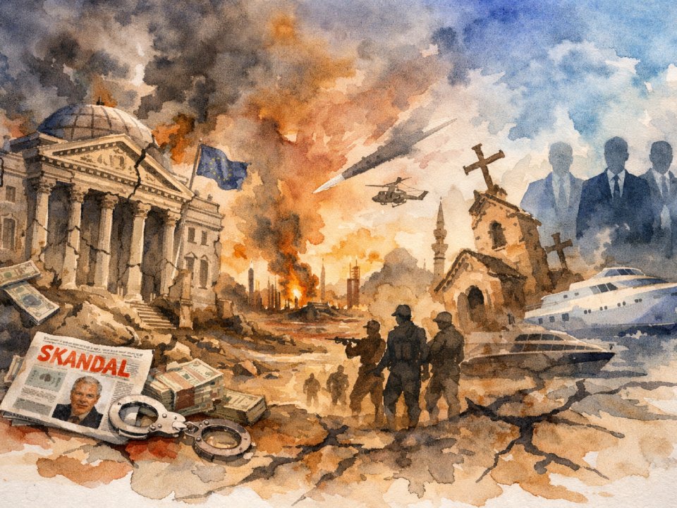 Aquarell einer chaotischen Szene mit brennenden Gebäuden, Soldaten, Rauch, Polizeiband, einer beschädigten Kirche, einer Jacht, einer Skandalzeitung, Handschellen, Geld und schattenhaften Gestalten – ein Abbild des Machtbebens und der Krise unserer Zeit. Aquarell einer chaotischen Szene mit brennenden Gebäuden, Soldaten, Rauch, Polizeiband, einer beschädigten Kirche, einer Jacht, einer Skandalzeitung, Handschellen, Geld und schattenhaften Gestalten - ein Abbild des Machtbebens und der Krise unserer Zeit.