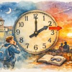 Eine große Uhr zeigt die Zeitumstellung von 2 auf 3, was den Beginn der Sommerzeit markiert. Links steht ein Junge mit Rucksack bei einer Schule in der Nacht, rechts sehen ein aufgeschlagenes Buch, eine Brille, Pillen und zwei Personen den Sonnenaufgang.