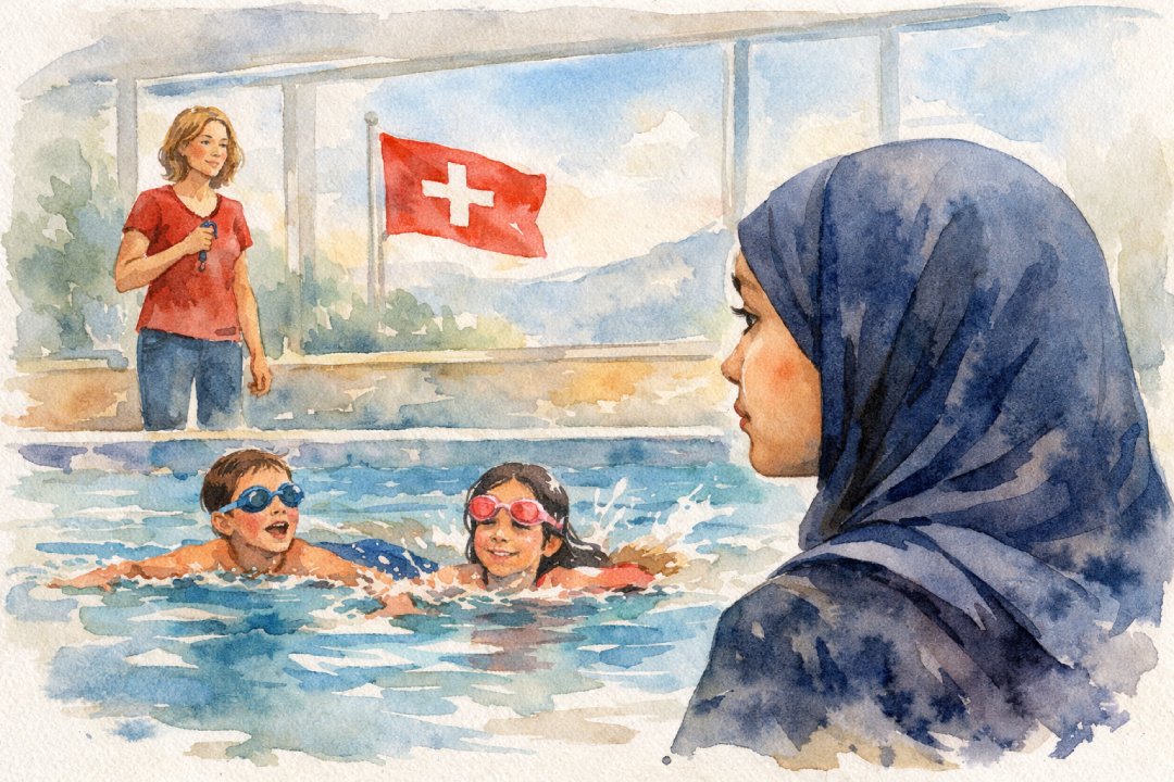 Ein Mädchen in einem Hidschab sitzt an einem Hallenbad und beobachtet zwei Kinder, die mit Schwimmbrillen schwimmen. Eine Frau steht in der Nähe, während im Hintergrund die Schweizer Flagge weht – ein ruhiger Moment, der von Toleranz in einem vielfältigen Umfeld geprägt ist. Ein Mädchen in einem Hidschab sitzt an einem Hallenbad und beobachtet zwei Kinder, die mit Schwimmbrillen schwimmen. Eine Frau steht in der Nähe, während im Hintergrund die Schweizer Flagge weht - ein ruhiger Moment, der von Toleranz in einem vielfältigen Umfeld geprägt ist.
