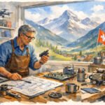 Ein Mann mit echter Tüftler-DNA inspiziert ein mechanisches Teil an seiner Werkbank, Blaupausen und Robotertechnik in der Nähe. Durch das Fenster sieht man die Schweiz mit einem malerischen Bergdorf und der Schweizer Flagge im Hintergrund.