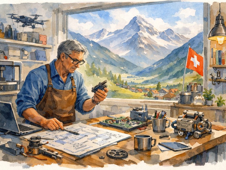 Ein Mann mit echter Tüftler-DNA inspiziert ein mechanisches Teil an seiner Werkbank, Blaupausen und Robotertechnik in der Nähe. Durch das Fenster sieht man die Schweiz mit einem malerischen Bergdorf und der Schweizer Flagge im Hintergrund. Ein Mann mit echter Tüftler-DNA inspiziert ein mechanisches Teil an seiner Werkbank, Blaupausen und Robotertechnik in der Nähe. Durch das Fenster sieht man die Schweiz mit einem malerischen Bergdorf und der Schweizer Flagge im Hintergrund.