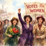 Eine Gruppe von Frauen in der Kleidung des frühen 20. Jahrhunderts marschiert zum Weltfrauentag und hält Schilder mit der Aufschrift Votes For Women, Rechte und 8 March. Eine hebt die Faust, eine andere hält Blumen - lächelnd und vereint an diesem historischen Gedenktag des Protests.