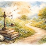 Eine Waage balanciert auf einem Bücherstapel neben einer Taschenuhr, eingebettet in eine sonnenbeschienene Wiese mit Wildblumen und einem gewundenen Pfad. Ein großes, verblasstes Ziffernblatt schwebt am Himmel, während Vögel auffliegen - und den flüchtigen Begleiter des Zeitgeistes über der Landschaft einfangen.