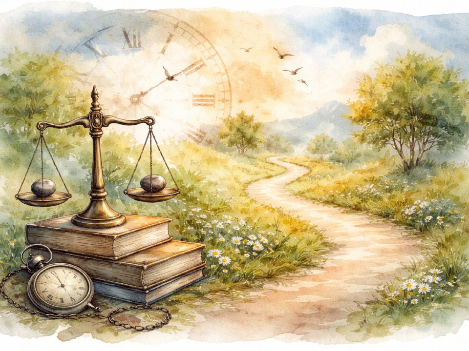 Eine Waage balanciert auf einem Bücherstapel neben einer Taschenuhr, eingebettet in eine sonnenbeschienene Wiese mit Wildblumen und einem gewundenen Pfad. Ein großes, verblasstes Ziffernblatt schwebt am Himmel, während Vögel auffliegen – und den flüchtigen Begleiter des Zeitgeistes über der Landschaft einfangen. Eine Waage balanciert auf einem Bücherstapel neben einer Taschenuhr, eingebettet in eine sonnenbeschienene Wiese mit Wildblumen und einem gewundenen Pfad. Ein großes, verblasstes Ziffernblatt schwebt am Himmel, während Vögel auffliegen - und den flüchtigen Begleiter des Zeitgeistes über der Landschaft einfangen.