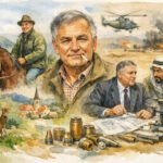 Eine Collage zeigt Dorflegende Zünder-Walti mit einer Zigarette, einen Mann auf einem Pferd, eine Kriegsszene mit Hubschraubern und Feuer, zwei Männer in Anzügen, die Blaupausen besprechen, verschiedene Kugeln, ein Reh und ein Dorf mit einer Kirche.