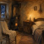 Ein gemütliches, rustikales Schlafzimmer bei Nacht, beleuchtet von einer Kerze auf einem Nachttisch. Es gibt ein Holzbett mit einer Decke, einen mit weißem Stoff bezogenen Stuhl und - wie in Als die Nacht noch zwei Hälften hatte - eine verschneite Szene vor dem Fenster.