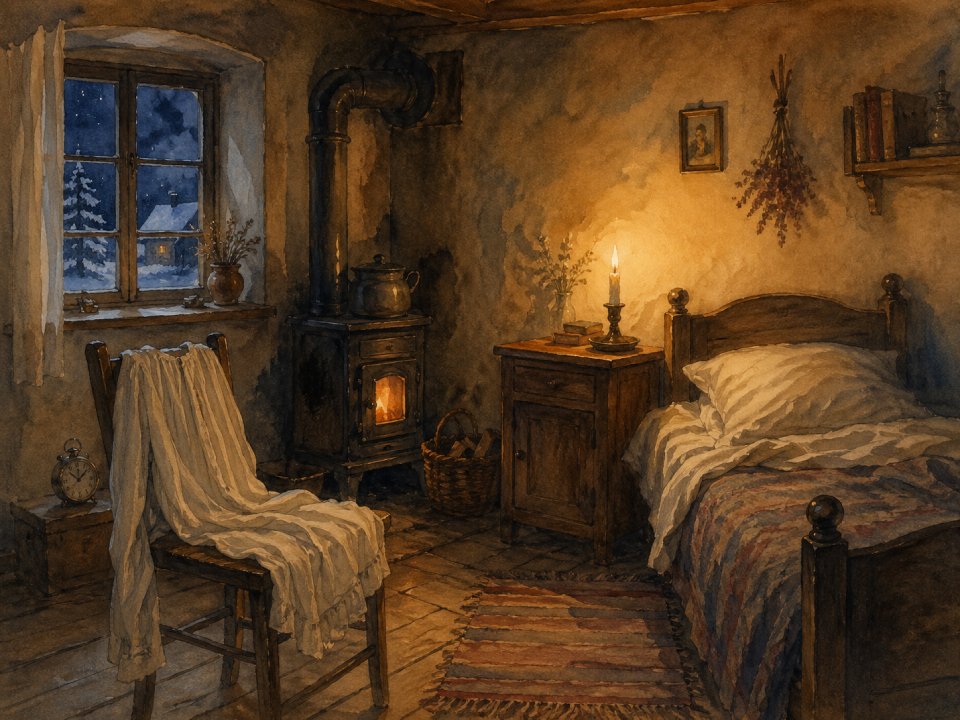 Ein gemütliches, rustikales Schlafzimmer bei Nacht, beleuchtet von einer Kerze auf einem Nachttisch. Es gibt ein Holzbett mit einer Decke, einen mit weißem Stoff bezogenen Stuhl und – wie in Als die Nacht noch zwei Hälften hatte – eine verschneite Szene vor dem Fenster. Ein gemütliches, rustikales Schlafzimmer bei Nacht, beleuchtet von einer Kerze auf einem Nachttisch. Es gibt ein Holzbett mit einer Decke, einen mit weißem Stoff bezogenen Stuhl und - wie in Als die Nacht noch zwei Hälften hatte - eine verschneite Szene vor dem Fenster.