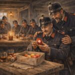 Eine Gruppe von Soldaten in altmodischen Uniformen sitzt in einem hölzernen Raum. Einer hält eine Osterei mit einem weißen Kreuz, die anderen schauen zu, auf dem Tisch stehen Getränke und eine Schachtel mit gefärbten Eiern, warmes Licht beleuchtet sie wie eine Szene aus Großvaters Erzählungen.