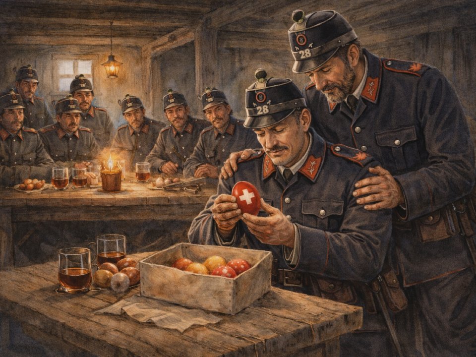 Eine Gruppe von Soldaten in altmodischen Uniformen sitzt in einem hölzernen Raum. Einer hält eine Osterei mit einem weißen Kreuz, die anderen schauen zu, auf dem Tisch stehen Getränke und eine Schachtel mit gefärbten Eiern, warmes Licht beleuchtet sie wie eine Szene aus Großvaters Erzählungen. Eine Gruppe von Soldaten in altmodischen Uniformen sitzt in einem hölzernen Raum. Einer hält eine Osterei mit einem weißen Kreuz, die anderen schauen zu, auf dem Tisch stehen Getränke und eine Schachtel mit gefärbten Eiern, warmes Licht beleuchtet sie wie eine Szene aus Großvaters Erzählungen.