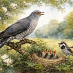 Ein großer Kuckuck sitzt auf einem Ast über einem fremden Nest mit drei Küken mit offenen Mäulern, während sich zwei kleinere Vögel nähern, von denen einer Futter trägt. Die lebendige Szene wird von Blumen und Grün in einer sonnenbeschienenen Landschaft eingerahmt.