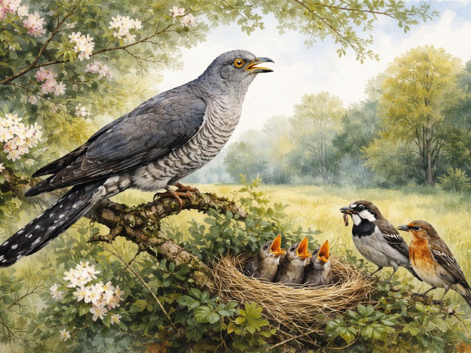 Ein großer Kuckuck sitzt auf einem Ast über einem fremden Nest mit drei Küken mit offenen Mäulern, während sich zwei kleinere Vögel nähern, von denen einer Futter trägt. Die lebendige Szene wird von Blumen und Grün in einer sonnenbeschienenen Landschaft eingerahmt.