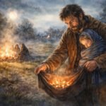 Ein Mann namens Andrei hält die Glut in seinem Mantel und schützt ein schlafendes Kind, das in ein Tuch gewickelt ist. Dahinter sitzen Menschen in der Abenddämmerung der Osternacht um Lagerfeuer auf einem Feld, mit einem Dorf und dem Vollmond im Hintergrund.