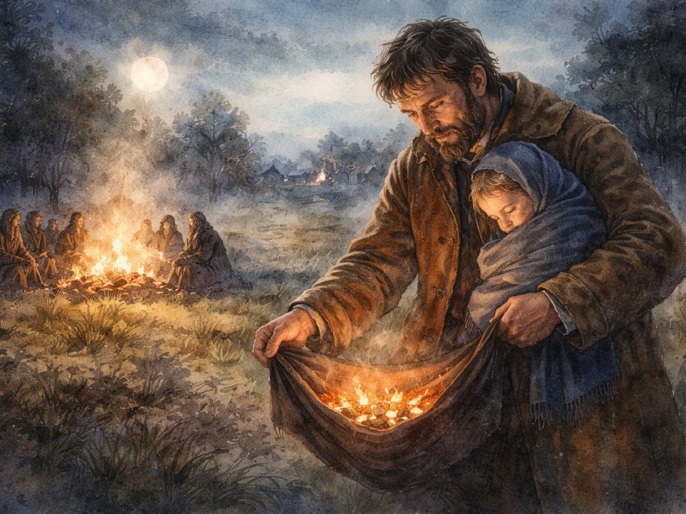 Ein Mann namens Andrei hält die Glut in seinem Mantel und schützt ein schlafendes Kind, das in ein Tuch gewickelt ist. Dahinter sitzen Menschen in der Abenddämmerung der Osternacht um Lagerfeuer auf einem Feld, mit einem Dorf und dem Vollmond im Hintergrund. Ein Mann namens Andrei hält die Glut in seinem Mantel und schützt ein schlafendes Kind, das in ein Tuch gewickelt ist. Dahinter sitzen Menschen in der Abenddämmerung der Osternacht um Lagerfeuer auf einem Feld, mit einem Dorf und dem Vollmond im Hintergrund.