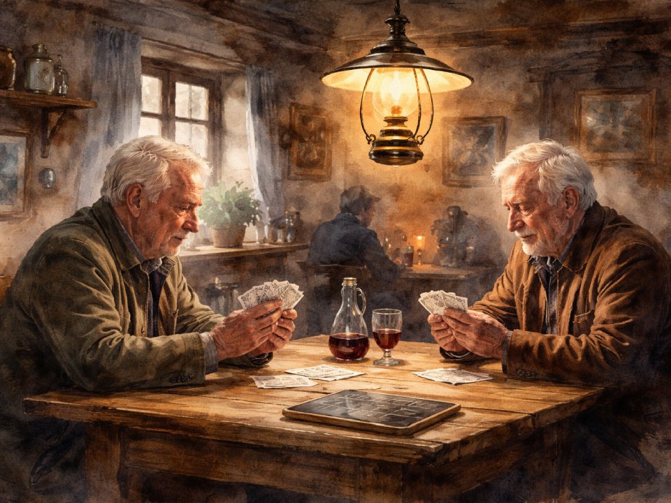Zwei siebenmalweisse Alte sitzen sich an einem Holztisch in einem gemütlichen, warm beleuchteten Raum gegenüber und spielen Karten. Zwischen ihnen stehen eine Flasche und ein Glas Wein, im Hintergrund verschwimmt eine weitere Person. Zwei siebenmalweisse Alte sitzen sich an einem Holztisch in einem gemütlichen, warm beleuchteten Raum gegenüber und spielen Karten. Zwischen ihnen stehen eine Flasche und ein Glas Wein, im Hintergrund verschwimmt eine weitere Person.