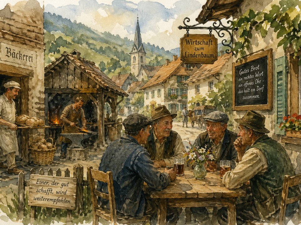 Vier ältere Männer sitzen an einem Holztisch vor einem rustikalen deutschen Wirtshaus, plaudern und trinken Bier. Auf dem malerischen Dorfplatz herrscht eine Atmosphäre des Gemeinsinns, während ein Bäcker und ein Schmied in der Nähe alter Gebäude und einer Kirche im Hintergrund arbeiten. Vier ältere Männer sitzen an einem Holztisch vor einem rustikalen deutschen Wirtshaus, plaudern und trinken Bier. Auf dem malerischen Dorfplatz herrscht eine Atmosphäre des Gemeinsinns, während ein Bäcker und ein Schmied in der Nähe alter Gebäude und einer Kirche im Hintergrund arbeiten.