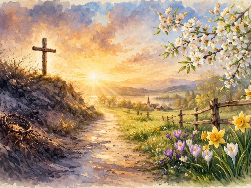 Ein Aquarell eines Sonnenaufgangs über einem friedlichen ländlichen Weg mit einem Holzkreuz auf einem felsigen Hügel, blühenden Blumen und einem Zaun, der den Karfreitag, einen wichtigen christlichen Feiertag, unter einem bunten Himmel symbolisiert. Ein Aquarell eines Sonnenaufgangs über einem friedlichen ländlichen Weg mit einem Holzkreuz auf einem felsigen Hügel, blühenden Blumen und einem Zaun, der den Karfreitag, einen wichtigen christlichen Feiertag, unter einem bunten Himmel symbolisiert.
