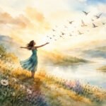 Eine Frau in einem wallenden Kleid steht auf einem blumengeschmückten Hügel und streckt die Arme in Freiheit in Richtung eines Vogelschwarms aus, der bei Sonnenaufgang über einem Fluss schwebt, mit Bergen und weichen Wolken im Hintergrund.
