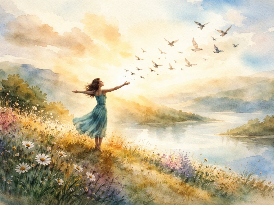 Eine Frau in einem wallenden Kleid steht auf einem blumengeschmückten Hügel und streckt die Arme in Freiheit in Richtung eines Vogelschwarms aus, der bei Sonnenaufgang über einem Fluss schwebt, mit Bergen und weichen Wolken im Hintergrund.