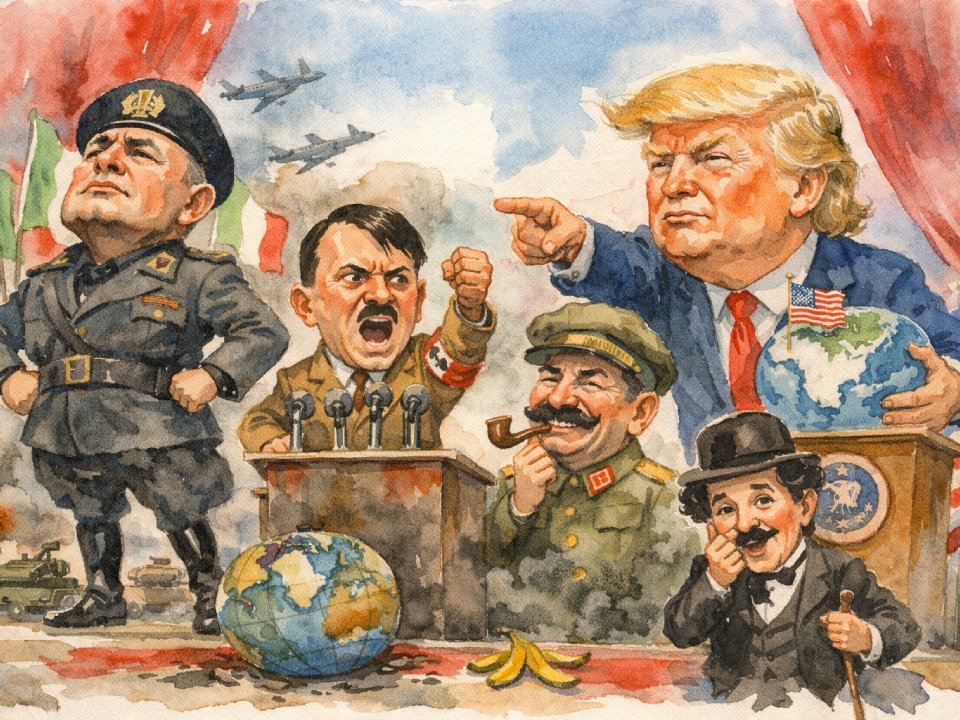 Eine satirische Illustration von Witzfigur Mussolini, Hitler, Stalin, Donald Trump und Charlie Chaplin. Trump, der starke Mann, zeigt auf eine Weltkugel, während Kampfflugzeuge über ihm schweben und eine Bananenschale neben Chaplin mit seiner kultigen Melone sitzt. Eine satirische Illustration von Witzfigur Mussolini, Hitler, Stalin, Donald Trump und Charlie Chaplin. Trump, der starke Mann, zeigt auf eine Weltkugel, während Kampfflugzeuge über ihm schweben und eine Bananenschale neben Chaplin mit seiner kultigen Melone sitzt.