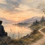 Eine Person sitzt bei Sonnenuntergang auf einem Felsen an einem ruhigen See, mit Blick auf die Berge und einen gewundenen, von Gras und Bäumen gesäumten Weg - eine Einladung zum Nach-Innen-Hören, während die Szene in sanften Orange- und Rosatönen, die sich im Wasser spiegeln, zu reiner Kunst wird.