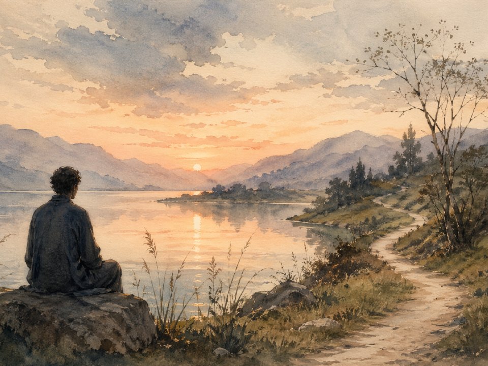 Eine Person sitzt bei Sonnenuntergang auf einem Felsen an einem ruhigen See, mit Blick auf die Berge und einen gewundenen, von Gras und Bäumen gesäumten Weg – eine Einladung zum Nach-Innen-Hören, während die Szene in sanften Orange- und Rosatönen, die sich im Wasser spiegeln, zu reiner Kunst wird. Eine Person sitzt bei Sonnenuntergang auf einem Felsen an einem ruhigen See, mit Blick auf die Berge und einen gewundenen, von Gras und Bäumen gesäumten Weg - eine Einladung zum Nach-Innen-Hören, während die Szene in sanften Orange- und Rosatönen, die sich im Wasser spiegeln, zu reiner Kunst wird.